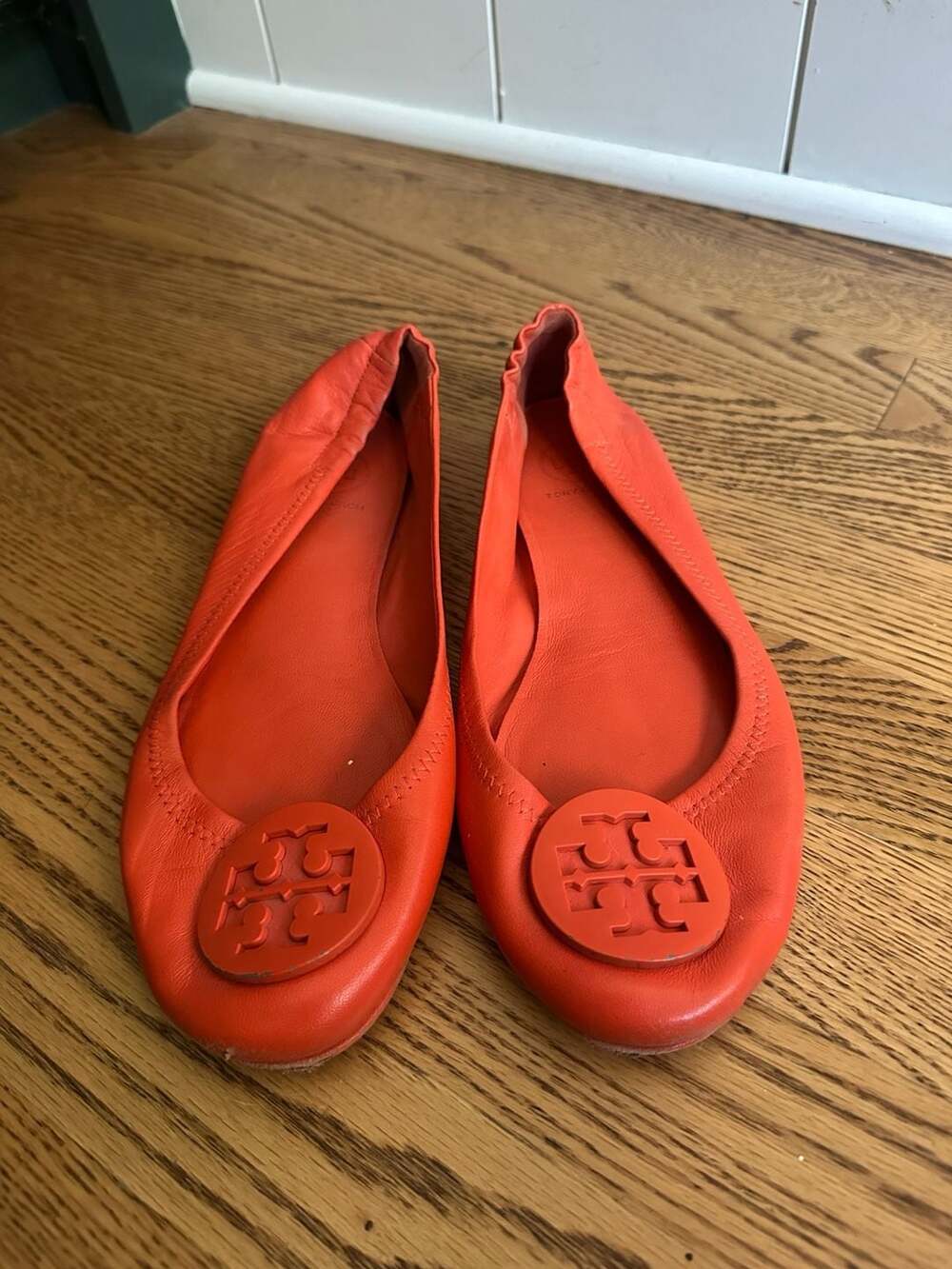 Tory Burch Minnie Travel Ballet Flats Red-Orange Leather